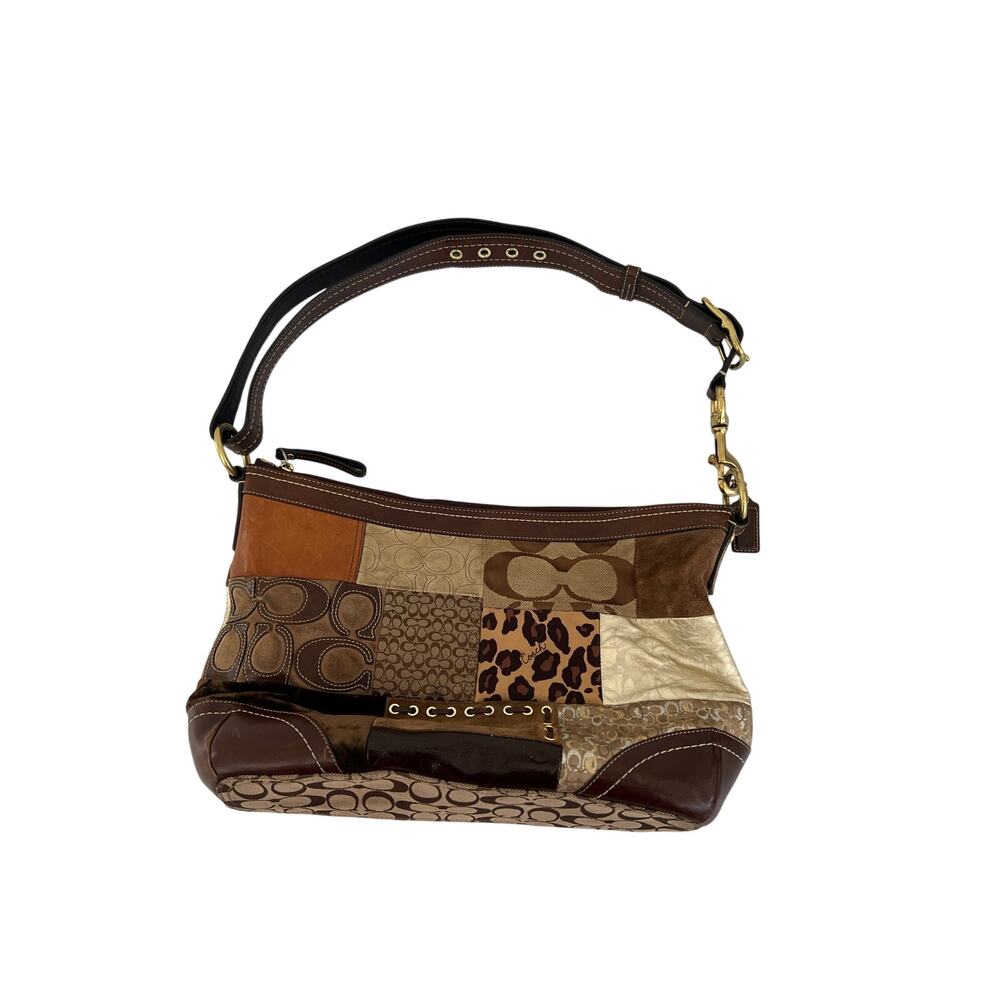 Vintage Coach F0893-F12842 Patchwork Jacquard Leopard Brown Leather Bag Y2K Boho